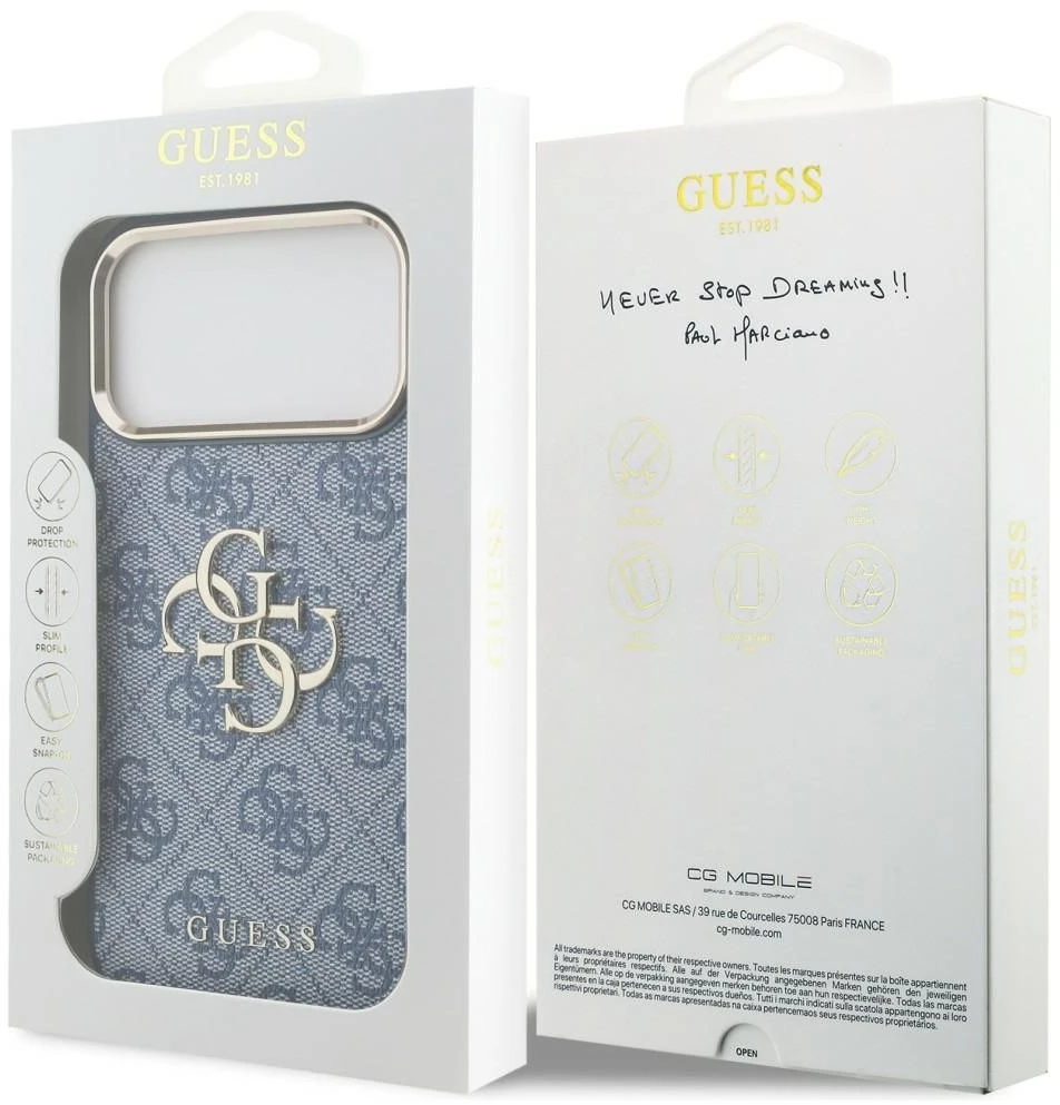 Dėklas Guess 4G Big 4G Classic Logo Case, skirta iPhone 18 Pro Max / 17 Pro Max – mėlyna ir auksinė