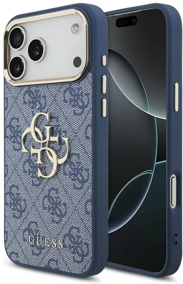 Dėklas Guess 4G Big 4G Classic Logo Case, skirta iPhone 18 Pro Max / 17 Pro Max – mėlyna ir auksinė
