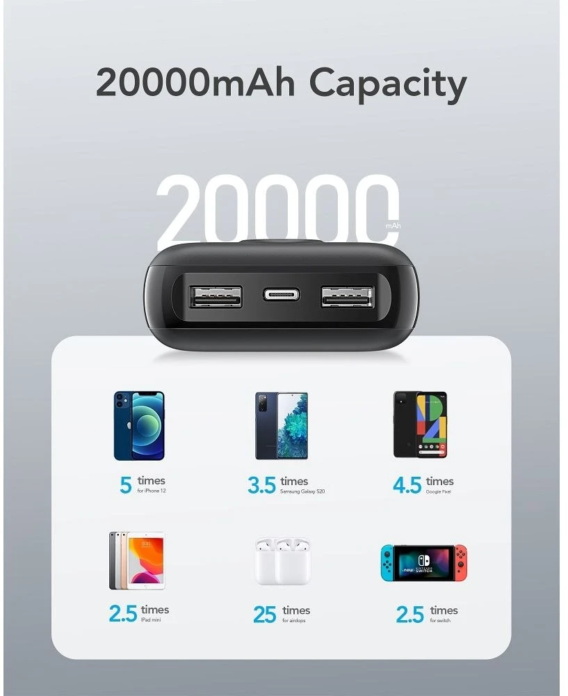 Powerbank Veger L20S (VP2039PD / W2039PD) PD QC3.0 2A 20W 20000 mAh baltas