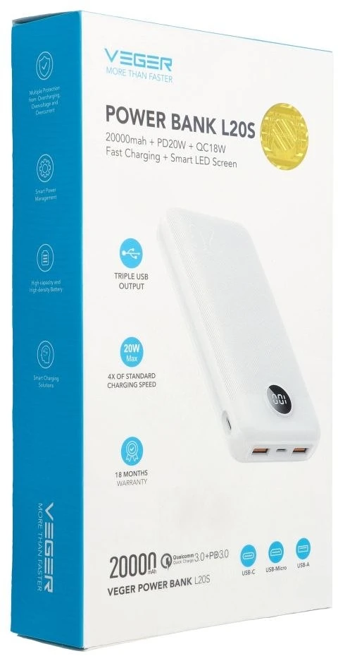 Powerbank Veger L20S (VP2039PD / W2039PD) PD QC3.0 2A 20W 20000 mAh baltas