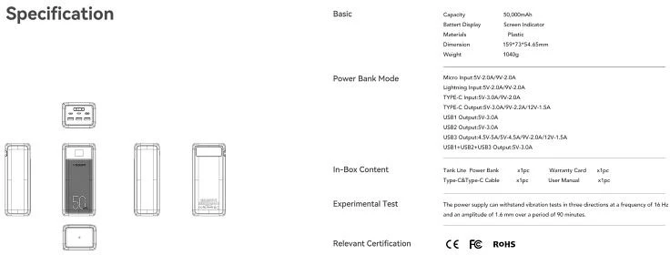 Powerbank Veger Tank Lite (W5001) PD QC3.0 5A 22,5W 50000 mAh juodas