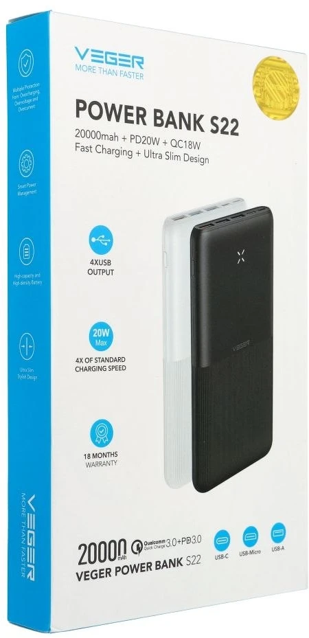 Powerbank Veger (W2060) PD QC3.0 3A 20W 20000 mAh juodas