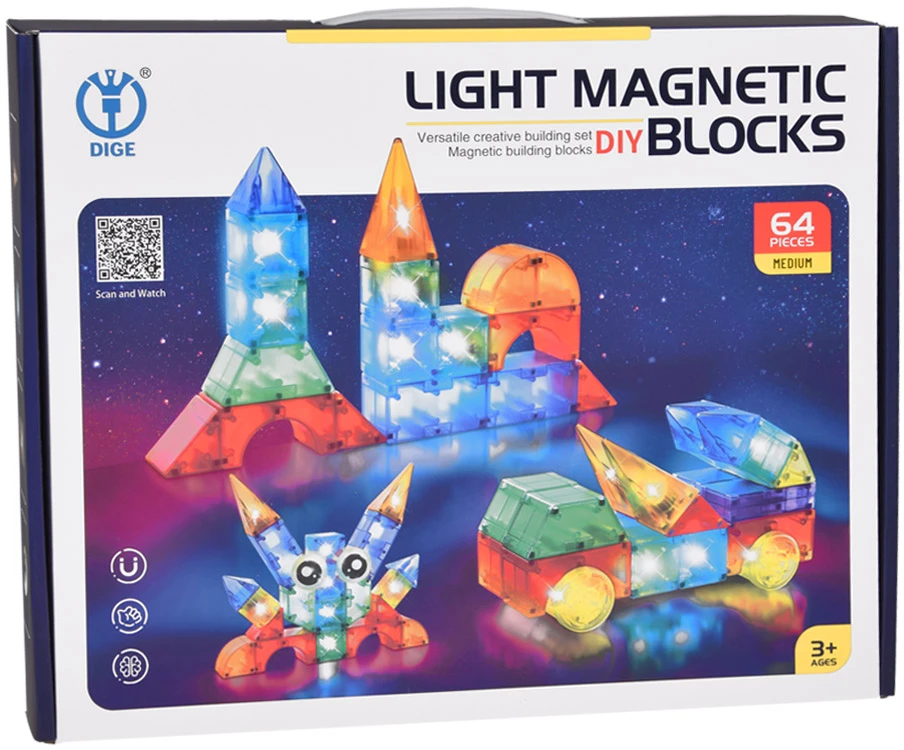 Jokomisiada Magnetiniai blokai 64 vnt. Apšviesti magnetiniai blokai ZA5240