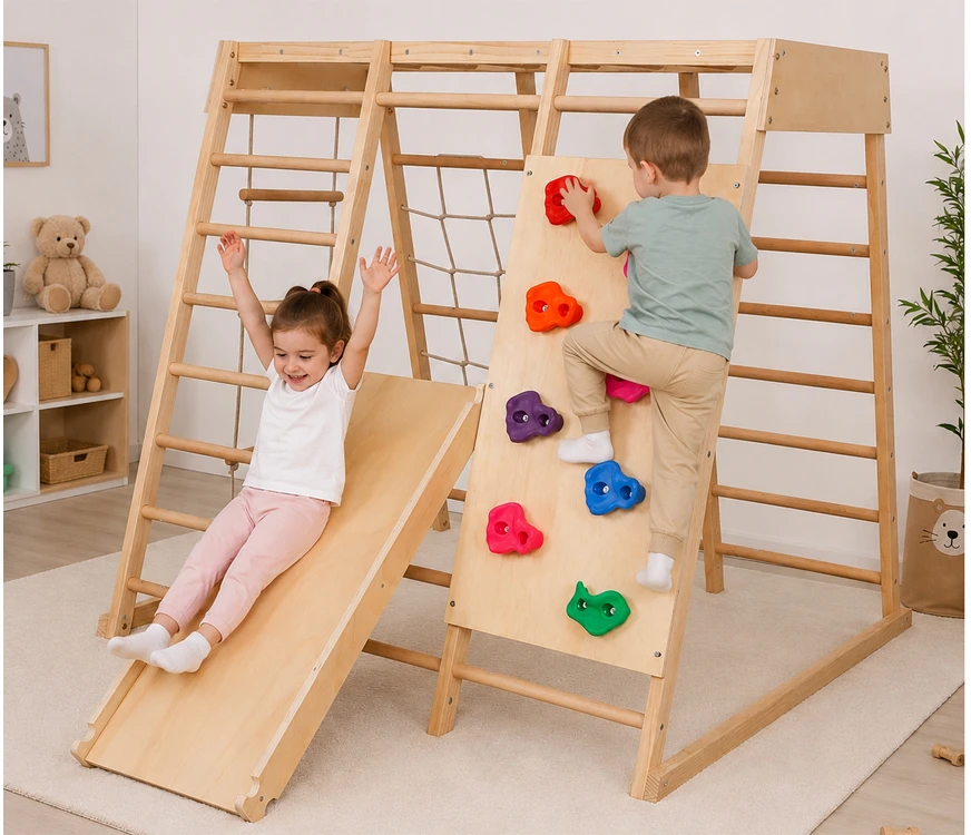 Jokomisiada Wooden playground HOME 6 in 1 Slide Ladders Wall SP0875