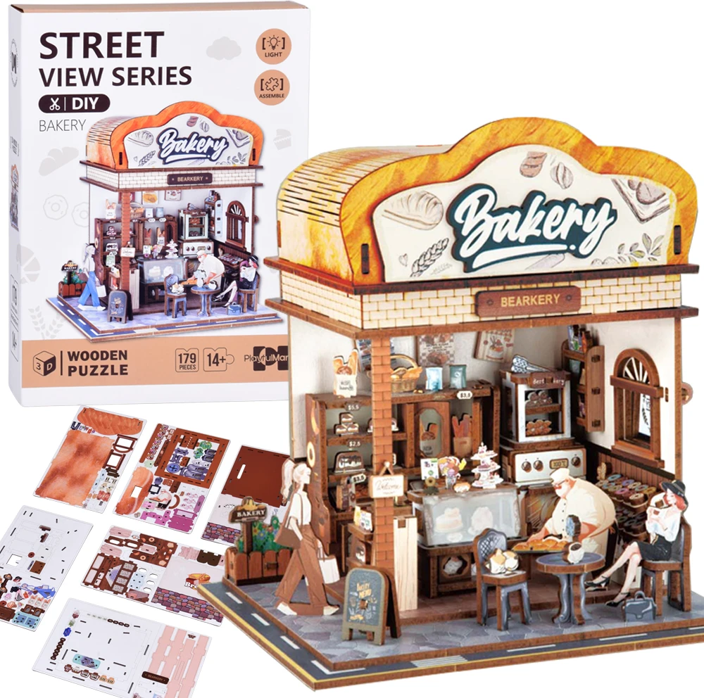 Jokomisiada Wooden 3D Dėlionė Bakery building series 179 elements lighting ZA6013