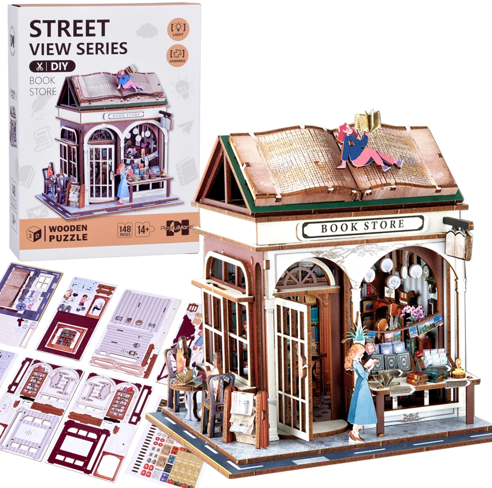 Jokomisiada Wooden 3D Dėlionė Series Bookstore building 148 elements lighting ZA6014