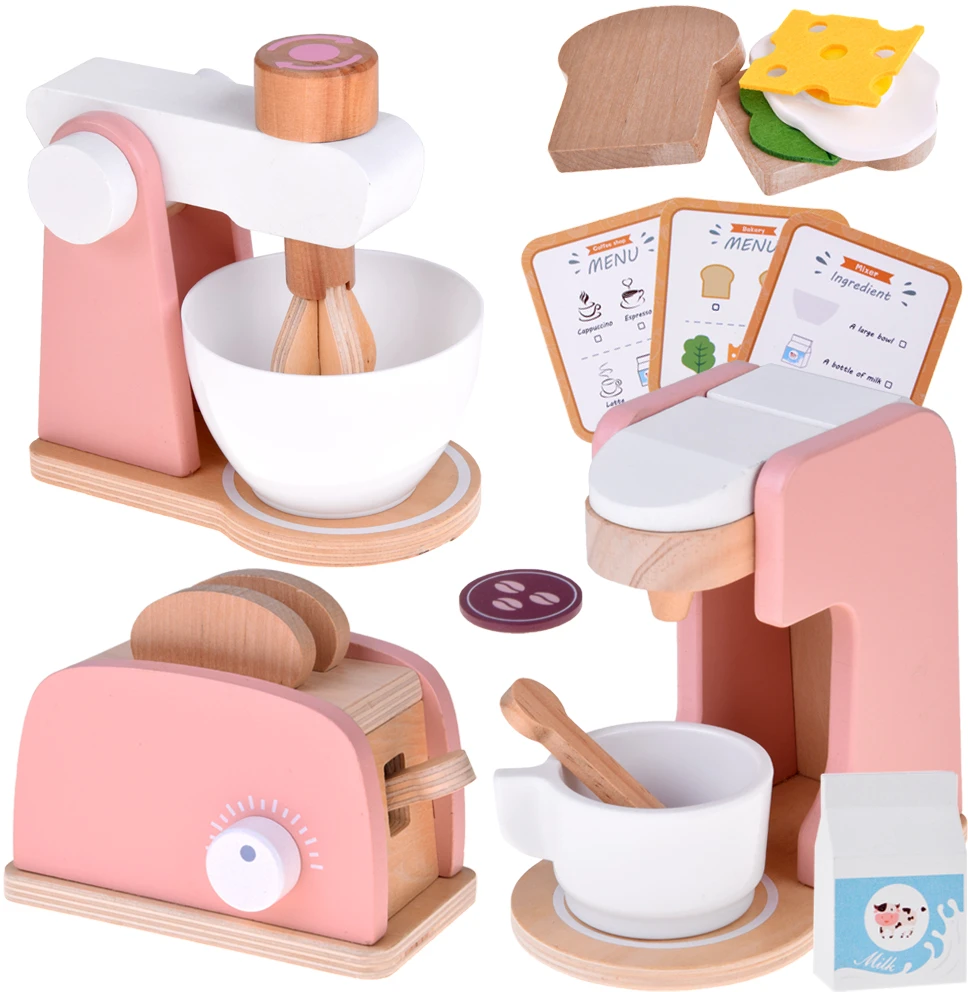 Jokomisiada Wooden Set Toaster Coffee Machine Mixer + Accessories – Small Pretend Play Appliances ZA5929