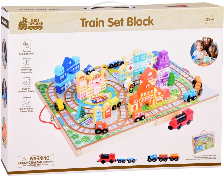 Jokomisiada Medinis traukinio rinkinys „Build a City“ + traukinio lagaminas 89 ZA5374