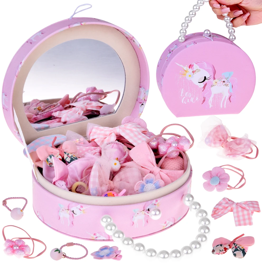 Jokomisiada Charming jewelry box made of eco-leather with a mirror and hair accessories ZA5737