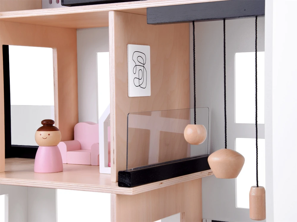Jokomisiada Šiuolaikinis medinis lėlių namelis LOFT stiliumi + lėlių baldai ZA5073