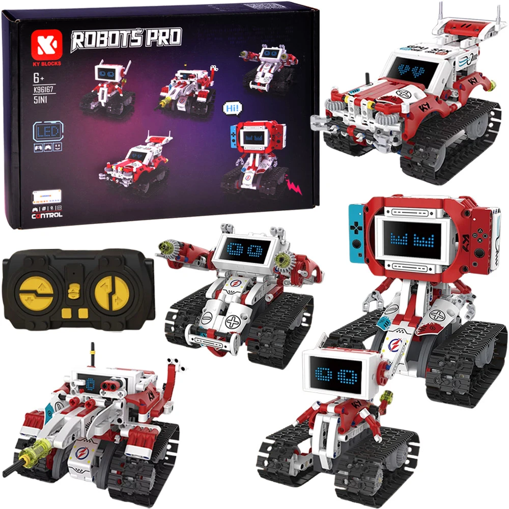 Jokomisiada techniniai statybiniai blokai „Robots Pro 5 viename“ rinkinys su nuotolinio valdymo pultu ir LED ekranu RC0741