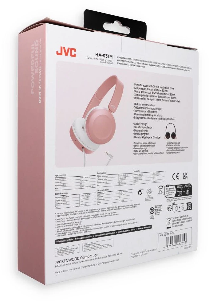 JVC, HA-S31MP-EX, ružavos sp. dinaminės ausinės, mikrofonas