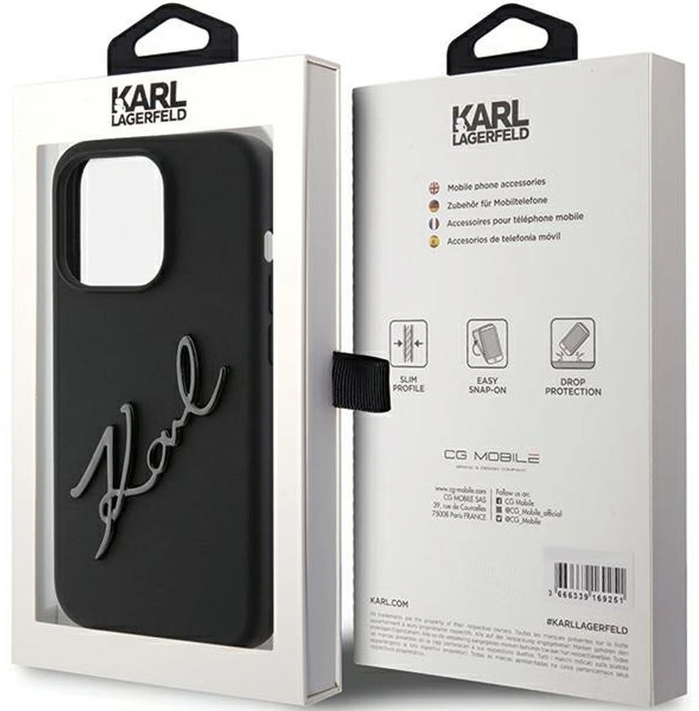 Karl Lagerfeld KLHCP15LSKSBMCK iPhone 15 Pro 6.1″ juodos spalvos kietas dėklas Silicone Karl Script