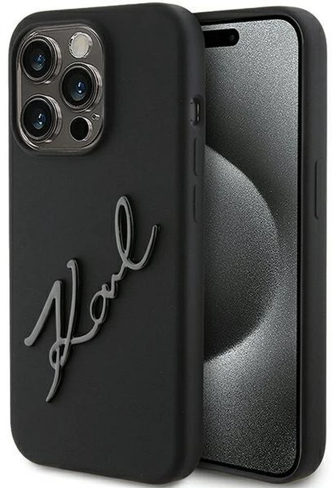 Karl Lagerfeld KLHCP15LSKSBMCK iPhone 15 Pro 6.1″ juodos spalvos kietas dėklas Silicone Karl Script