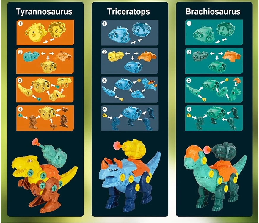 Konstruktoriaus rinkinys dinozaurai su atsuktuvu ir dėžute