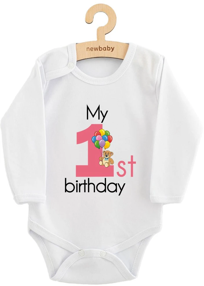 Kūdikių bodis su spaudiniu New Baby My first birthday rožinis