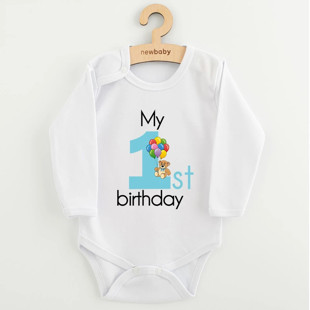 Kūdikių bodis su spaudiniu New Baby My first birthday mėlynas