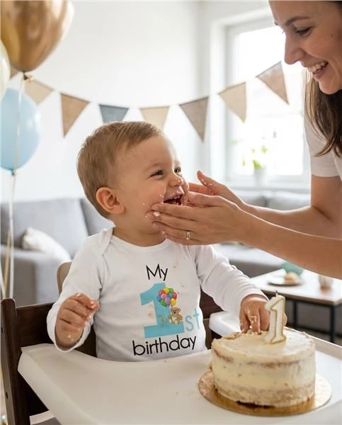 Kūdikių bodis su spaudiniu New Baby My first birthday mėlynas