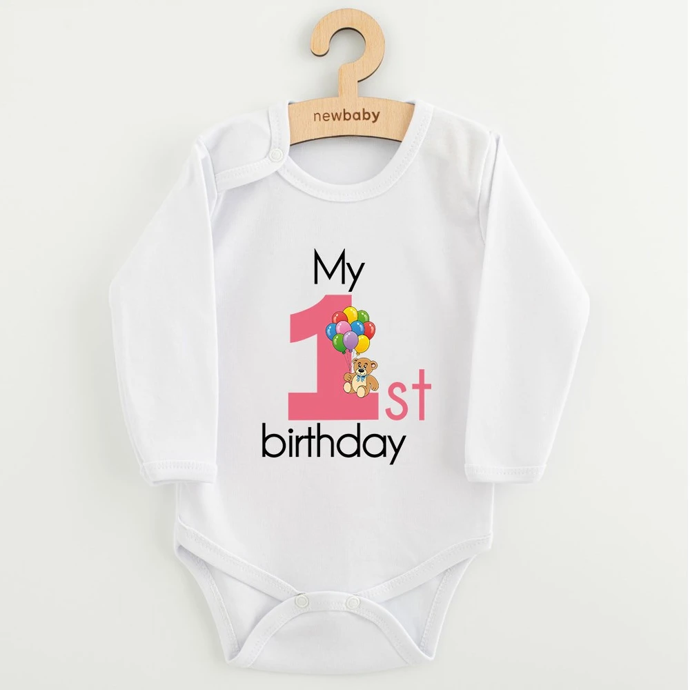 Kūdikių bodis su spaudiniu New Baby My first birthday rožinis