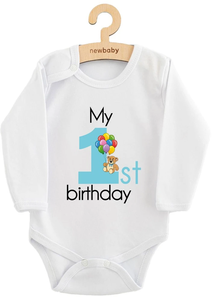 Kūdikių bodis su spaudiniu New Baby My first birthday mėlynas