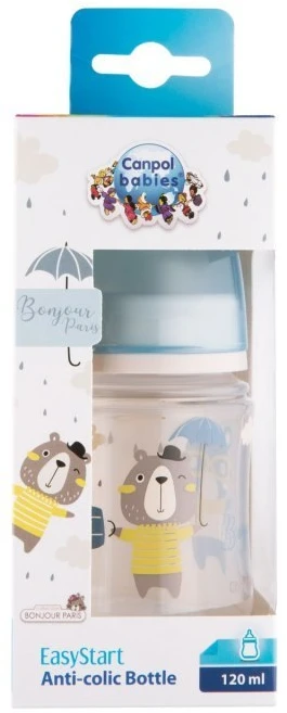 CANPOL BABIES plataus kaklelio buteliukas EASYSTART BONJOUR PARIS, 120 ml, 35/231_blu