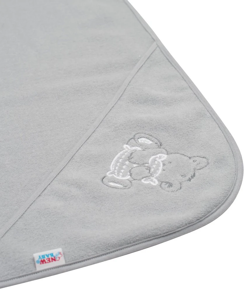 Kūdikių frotinis rankšluostis su siuvinėjimu ir gobtuvu New Baby 100x100 pilkas meškiukas