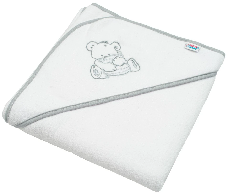 Kūdikių frotinis rankšluostis su siuvinėjimu ir gobtuvu New Baby 80x80 baltas meškiukas