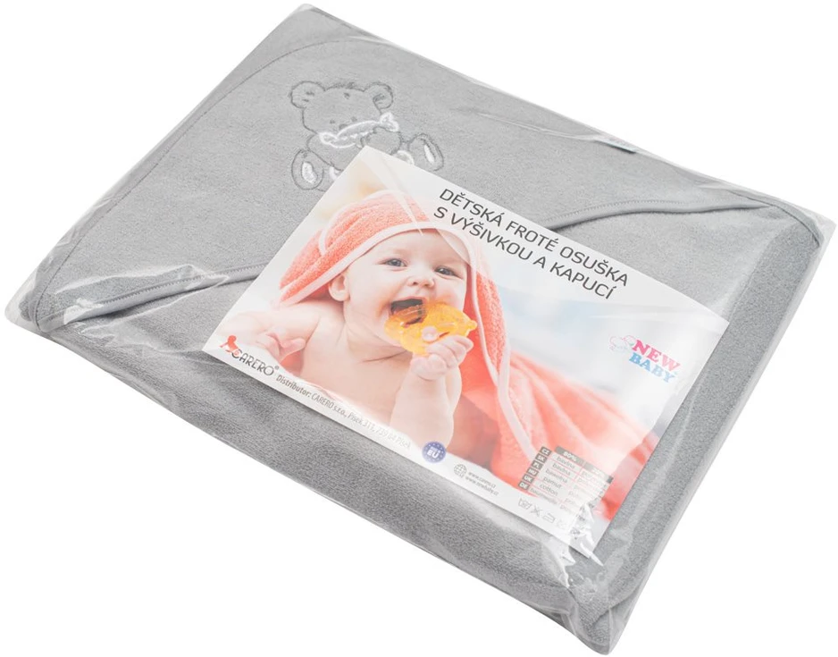 Kūdikių frotinis rankšluostis su siuvinėjimu ir gobtuvu New Baby 100x100 pilkas meškiukas