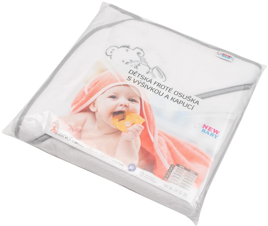 Kūdikių frotinis rankšluostis su siuvinėjimu ir gobtuvu New Baby 80x80 baltas meškiukas