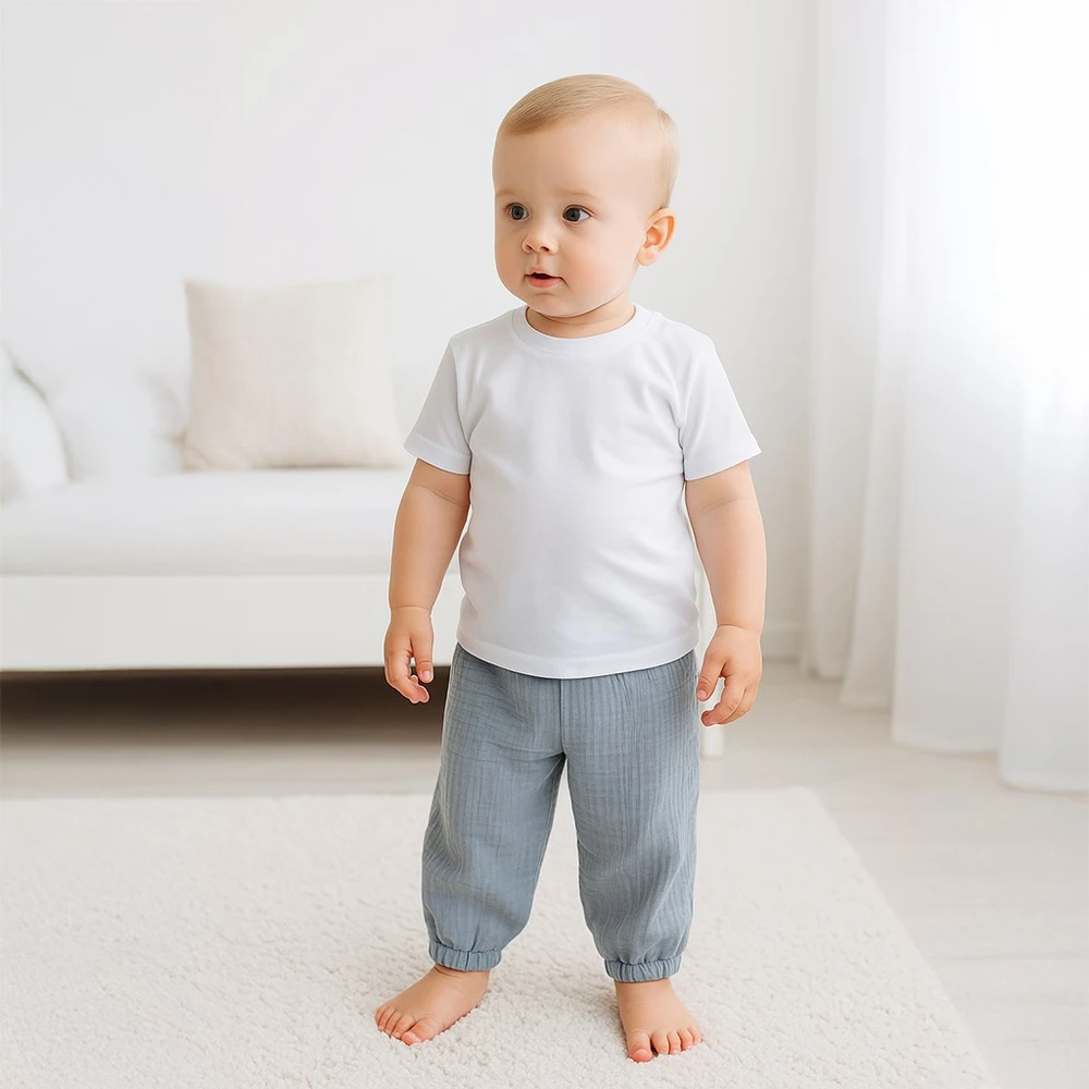 Kūdikių medvilninių marškinėlių ir muslino kelnių rinkinys New Baby Kindergarten mėlynos ir pilkos spalvų
