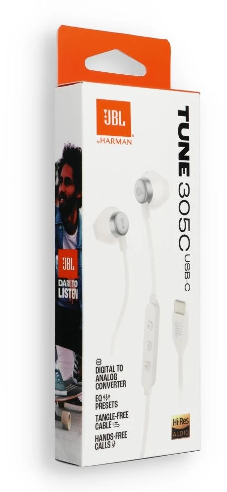 JBL Tune 305 ausienės, USB-C jungtis, Baltos spalvos