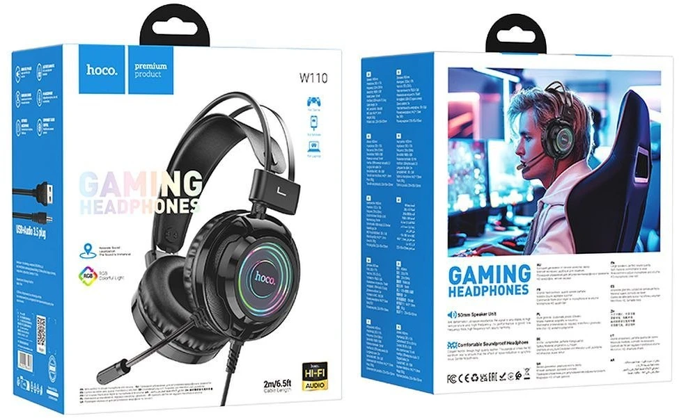 Wire ausinės USB A + Jack 3,5 mm Hoco žaidimams 2 m W110 juodas