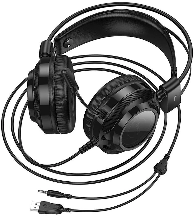 Wire ausinės USB A + Jack 3,5 mm Hoco žaidimams 2 m W110 juodas