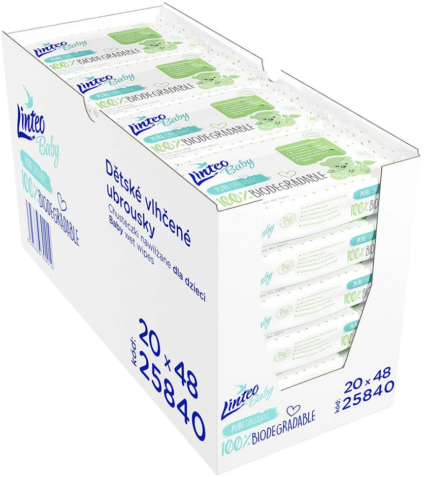 Linteo kūdikių drėgnos servetėlės 100 % biologiškai skaidžios, 48 vnt.