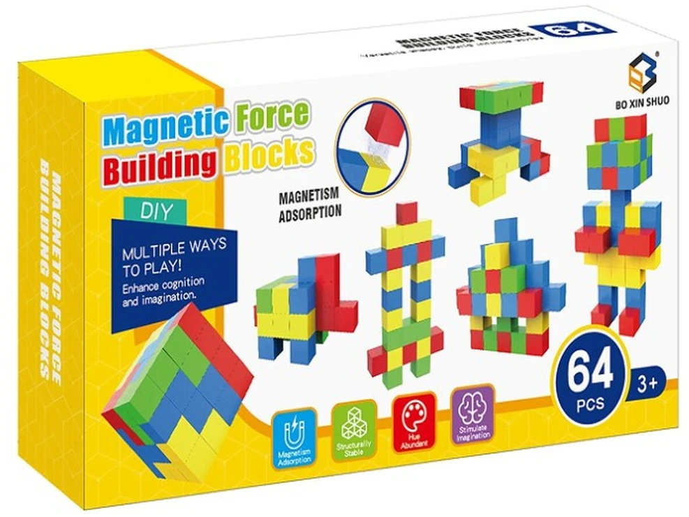 Magnetinės 3D konstruktoriaus kaladėlės kubeliai, 64 vnt rinkinys