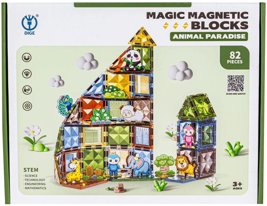 Magnetinės konstravimo kaladėlės gyvūnai 82 detalės