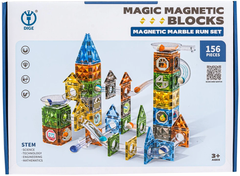 Magnetinės konstravimo kaladėlės rutuliukų trasai 156 spalvotos detalės