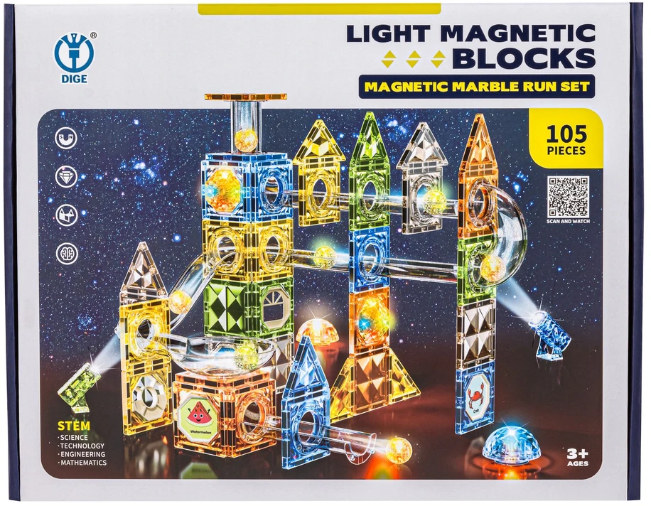 Magnetinės konstruktoriaus kaladėlės su šviečiančiais elementais 105 vnt rutulių takas