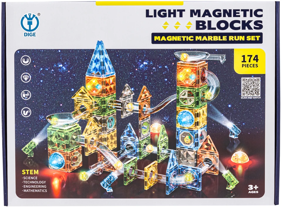 Magnetinės konstruktoriaus kaladėlės su šviečiančiomis detalėmis 174 vnt rutuliukų takas