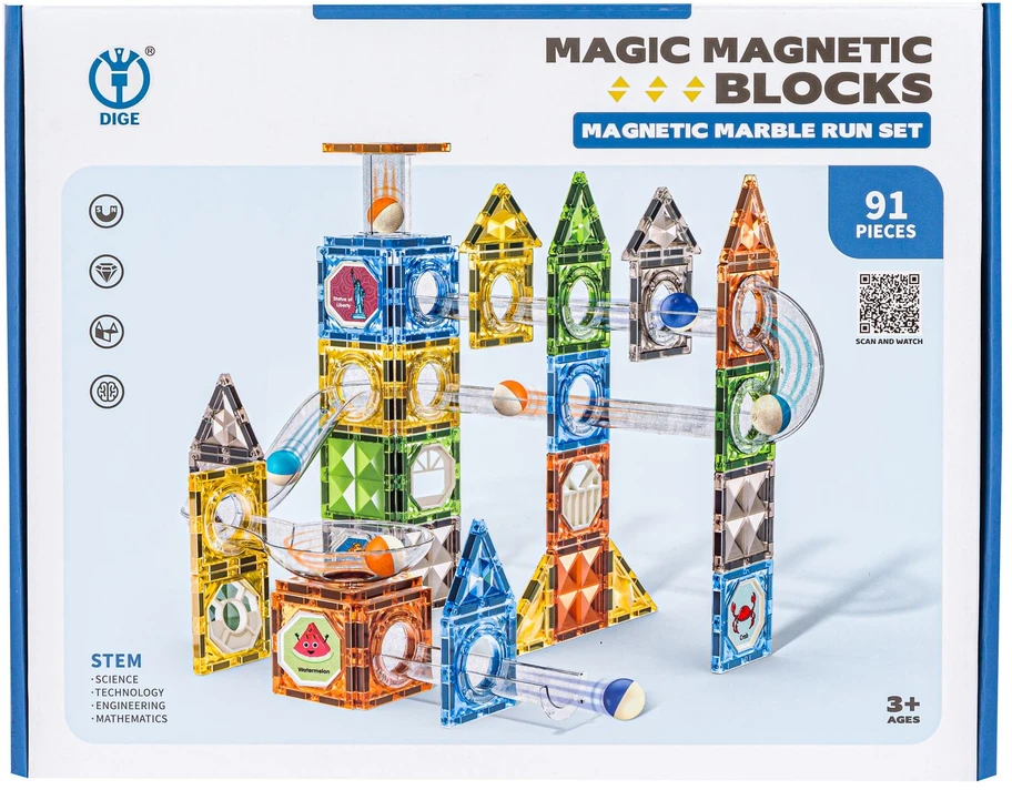 Magnetinės konstruktoriaus kaladėlės su rutuliukų trasa 91 detalės
