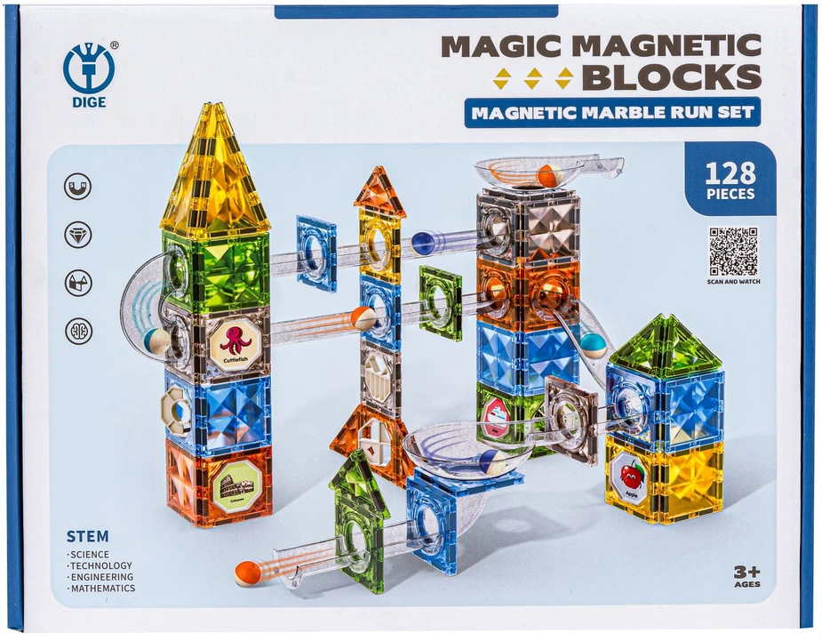Magnetinės konstruktoriaus kaladėlės su rutuliukų trasa 128 spalvotų detalių