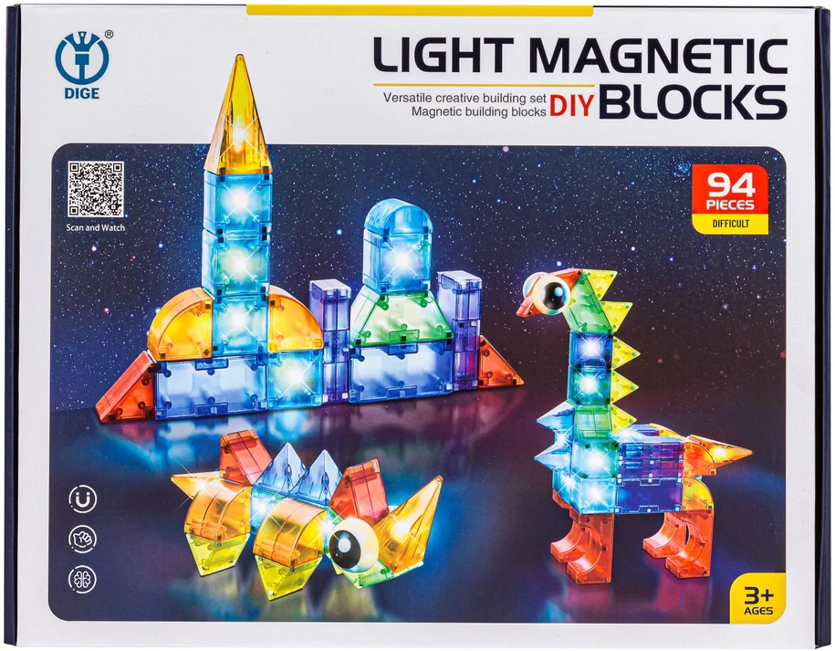 Magnetinės konstruktoriaus kaladėlės su šviečiančiais 3D elementais 94 vnt