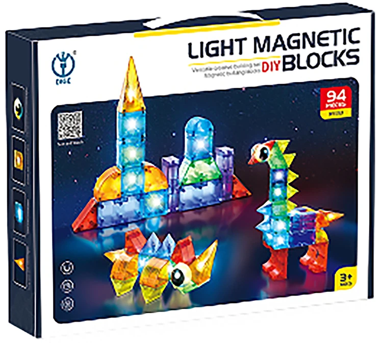 Magnetinės konstruktoriaus kaladėlės su šviečiančiais 3D elementais 94 vnt