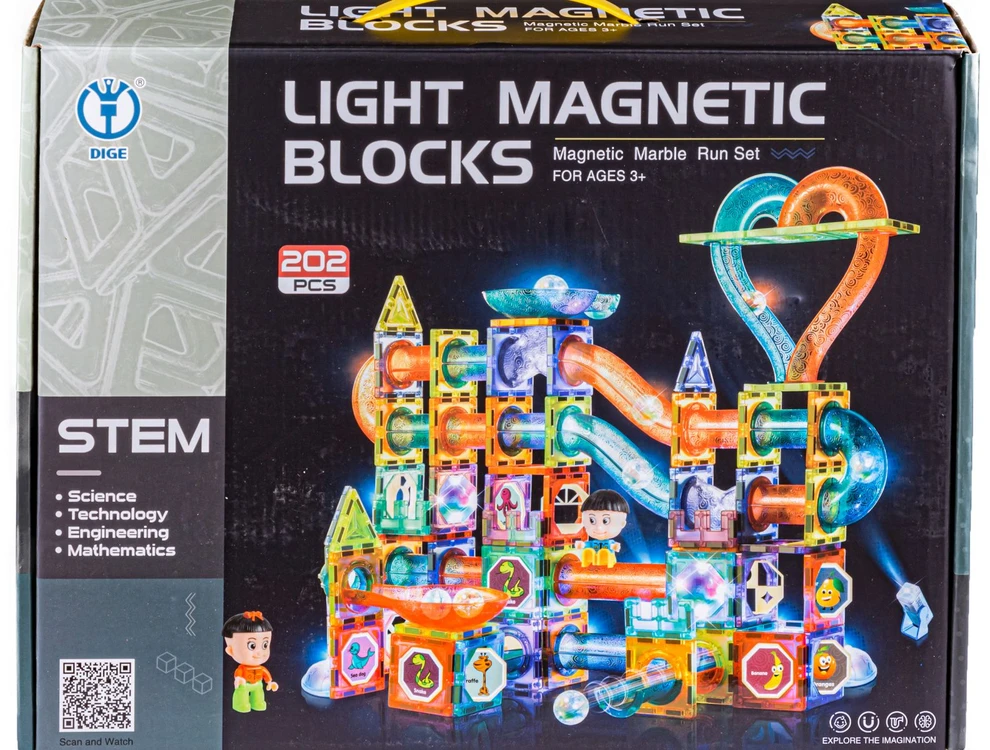 Magnetinės šviečiančios kaladėlės su rutuliukų trasa 202 detalės