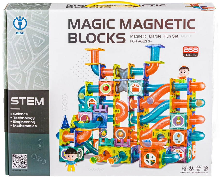 Magnetinių kaladėlių kamuoliukų trasos rinkinys 268 elementai