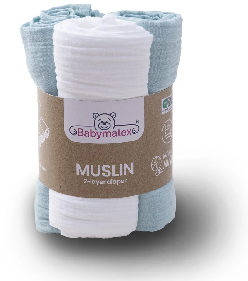 Rankšluostis Muslino vystyklai BabyMatex 70x80 cm 3 vnt, melsva