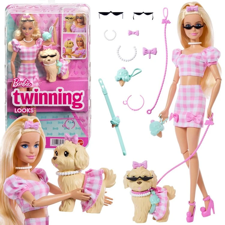 Mattel BARBIE TWINNING LOOKS šviesiaplaukės lėlės ir šunelio rinkinys (JFP36)