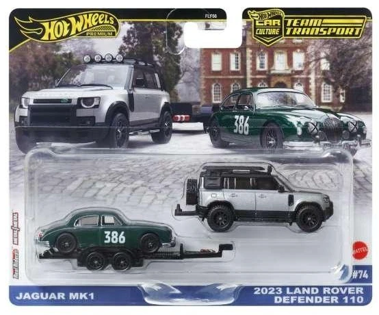 Mattel Žaisliniai Hot Wheels automobiliai Jaguar MK1 ir Land Rover Defender 110 1:64 sidabriniai