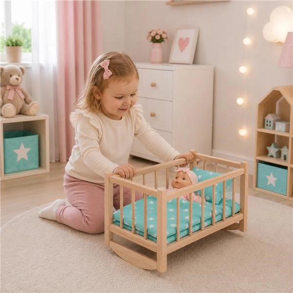 Medinė lėlės lovelė su patalyne Baby Mix žvaigždutės mėtų spalvos