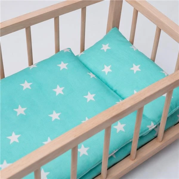 Medinė lėlės lovelė su patalyne Baby Mix žvaigždutės mėtų spalvos